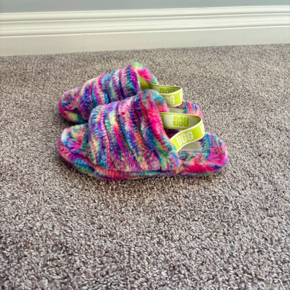 UGG Fluff Yeah Pixelate Slide Slipper Tie Dye Rainbow Slingback Womens Size 5 US - Picture 3 of 6
